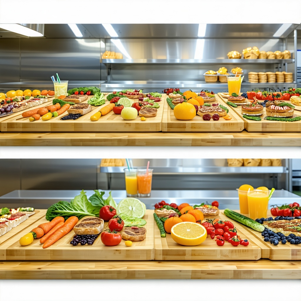 Create 3 more images of school cafeterias that highlight fresh foods options and in a school environment-1