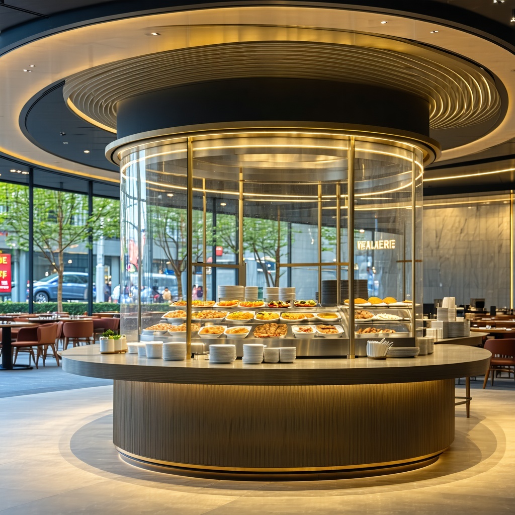 Design a bespoke inline hot food bar featuring a gracefully curved canopy that adds an elegant touch to the overall aesthetic The bar is equipped with a transparent sneeze guard to ensure food safety and hygiene allowing customers to view the delicio-1