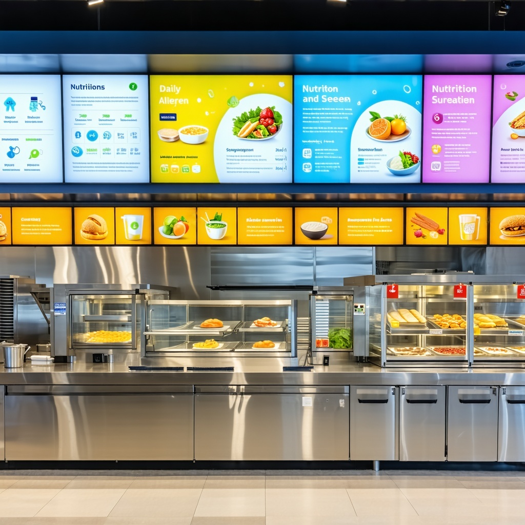 Envision a modern K12 cafeteria line designed with sleek stainless steel fixtures and vibrant engaging graphics that highlight nutritional information and food safety protocols The layout features interactive digital menus displaying daily offerings-1
