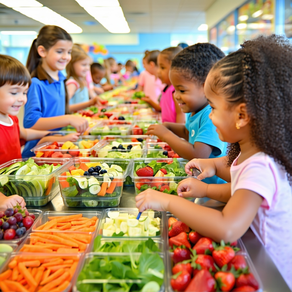 Imagine a bustling school cafeteria filled with vibrant colors and the enticing aroma of freshly prepared meals The first image showcases a long serving line where students eagerly choose from a variety of seasonal fruits and vegetables like crisp ca-1