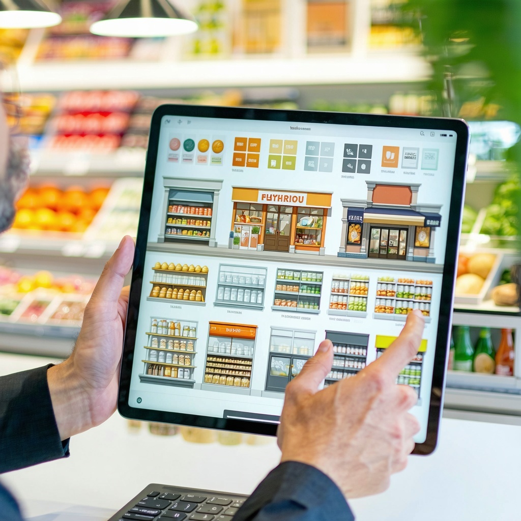 In a bright inviting office adorned with samples of materials and color palettes a professional consultant is engaging with a grocery store owner The consultant dressed in smart business attire is enthusiastically presenting a series of custom design-3