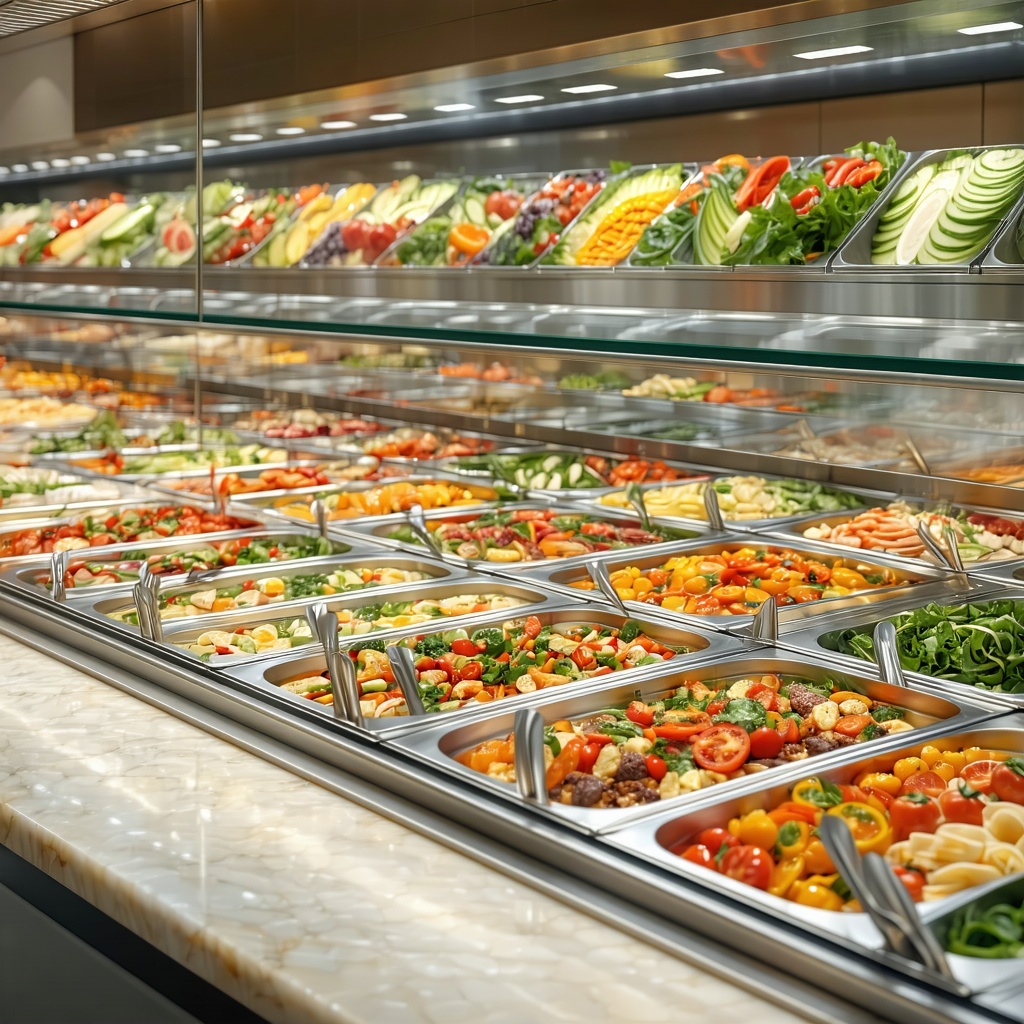 The grocery serving line boasts a sleek modern design featuring an array of vibrant fresh foods artfully arranged to entice shoppers Glimmering trays of both hot and cold dishes are neatly displayed showcasing a colorful assortment of seasonal vegeta-1